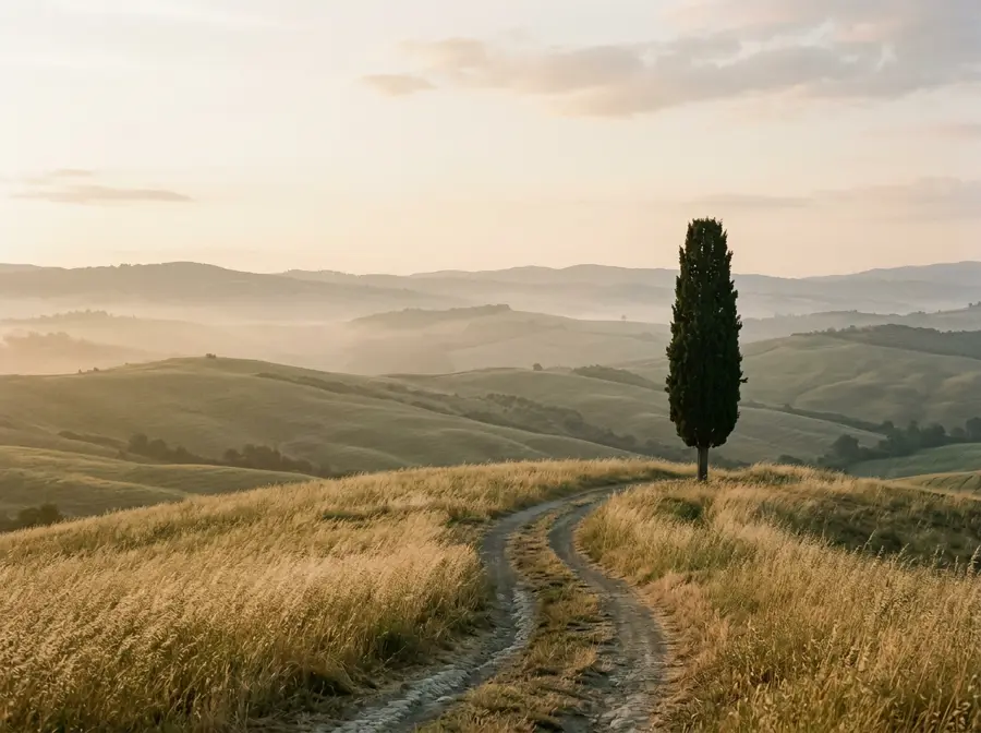 Golden rolling hills with a winding path and a solitary cypress tree