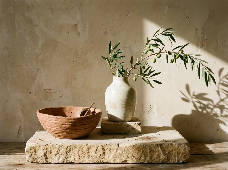 Handmade terracotta and cream ceramics in warm afternoon light